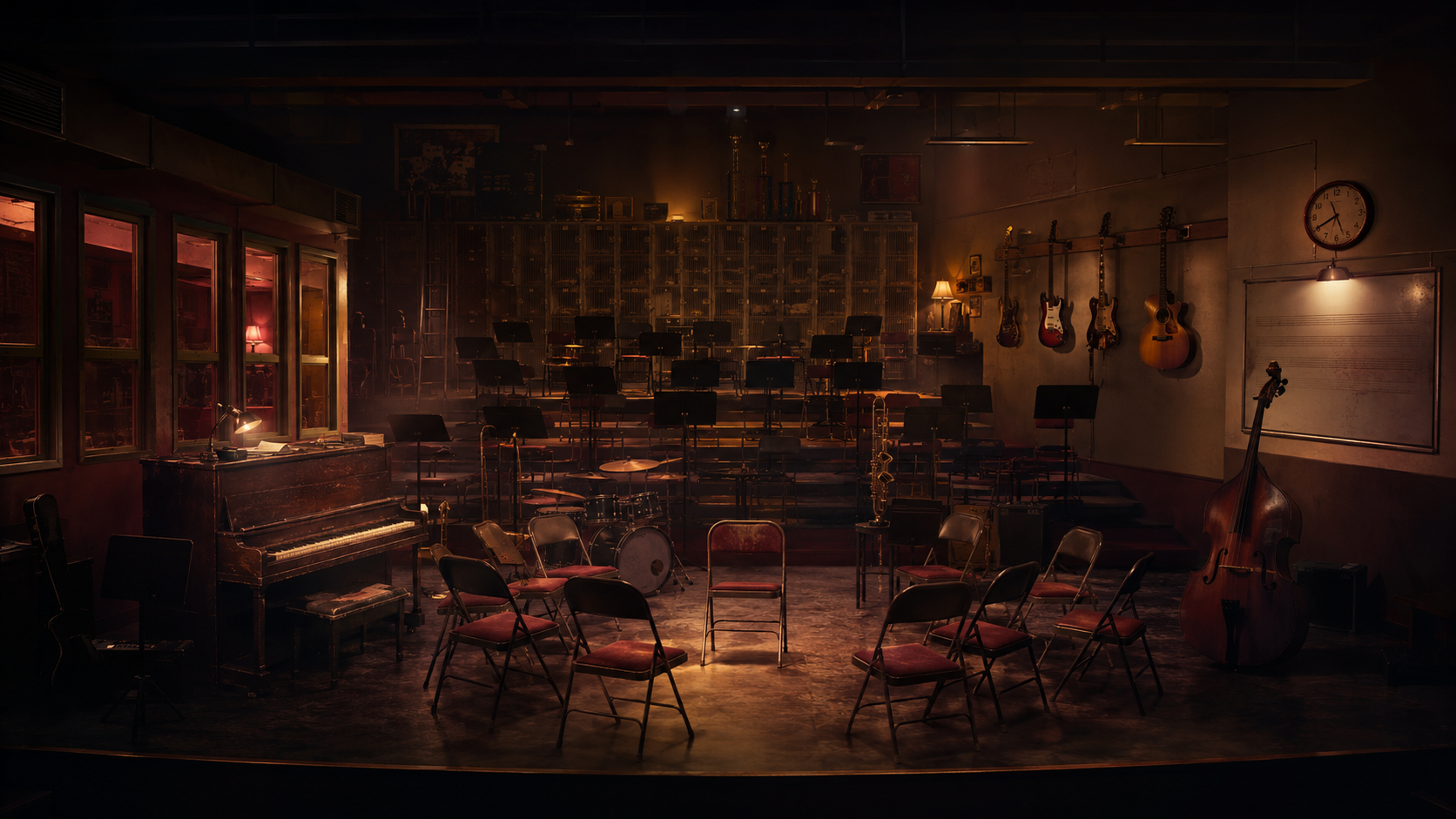 The band-room set in dim work lights, the empty chair lit by a single spotlight