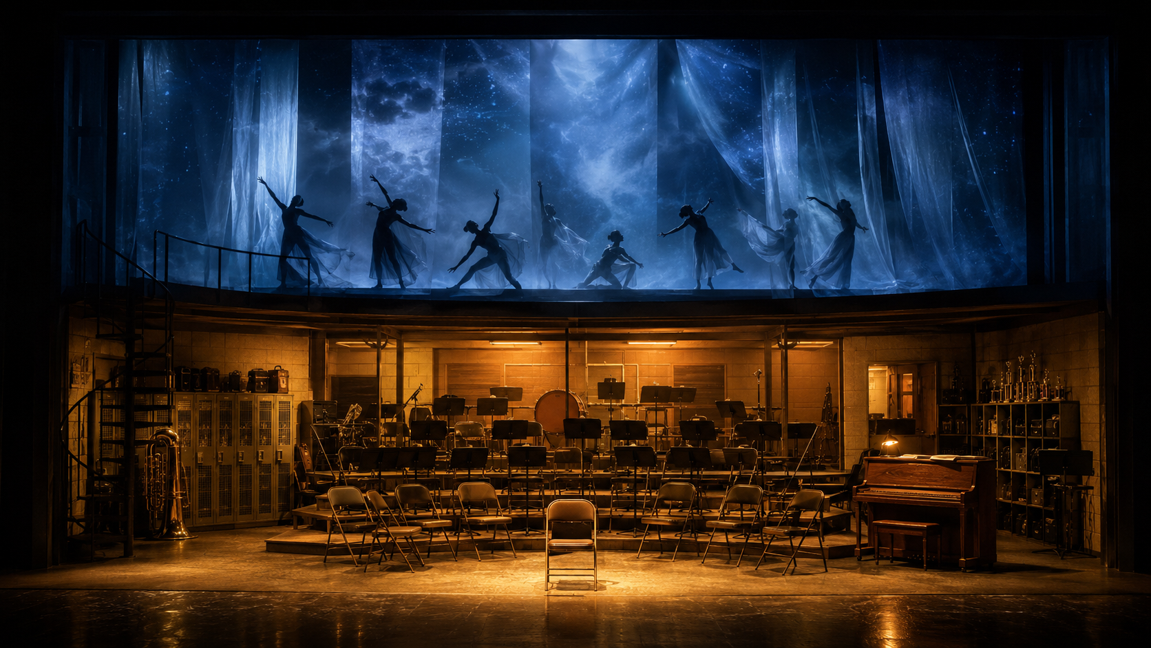 Two-story set: the realistic band room below, an ethereal plane with dancers above